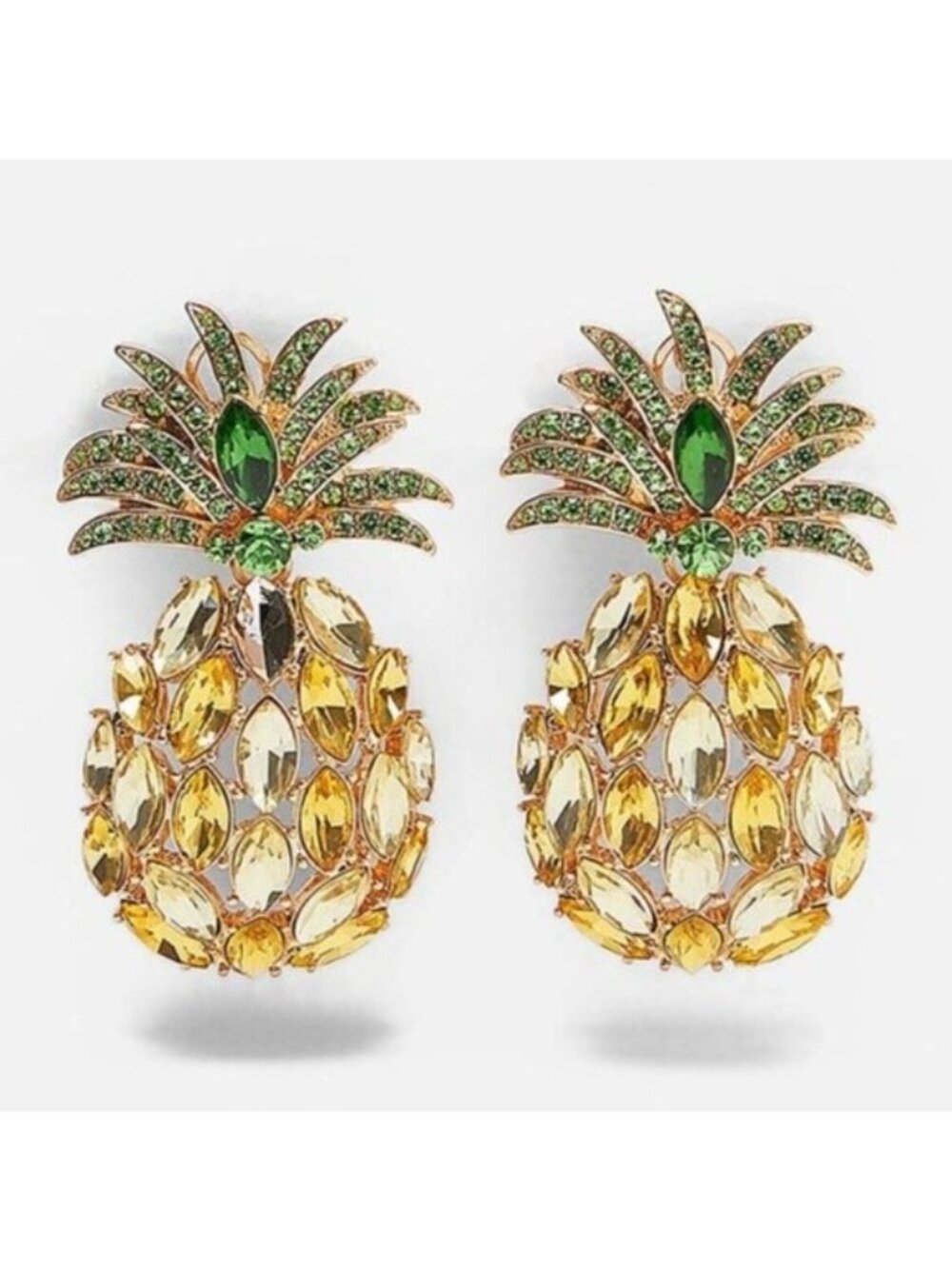 Green Golden Pineapple Fruit Flower Rhinestone Drop Earrings